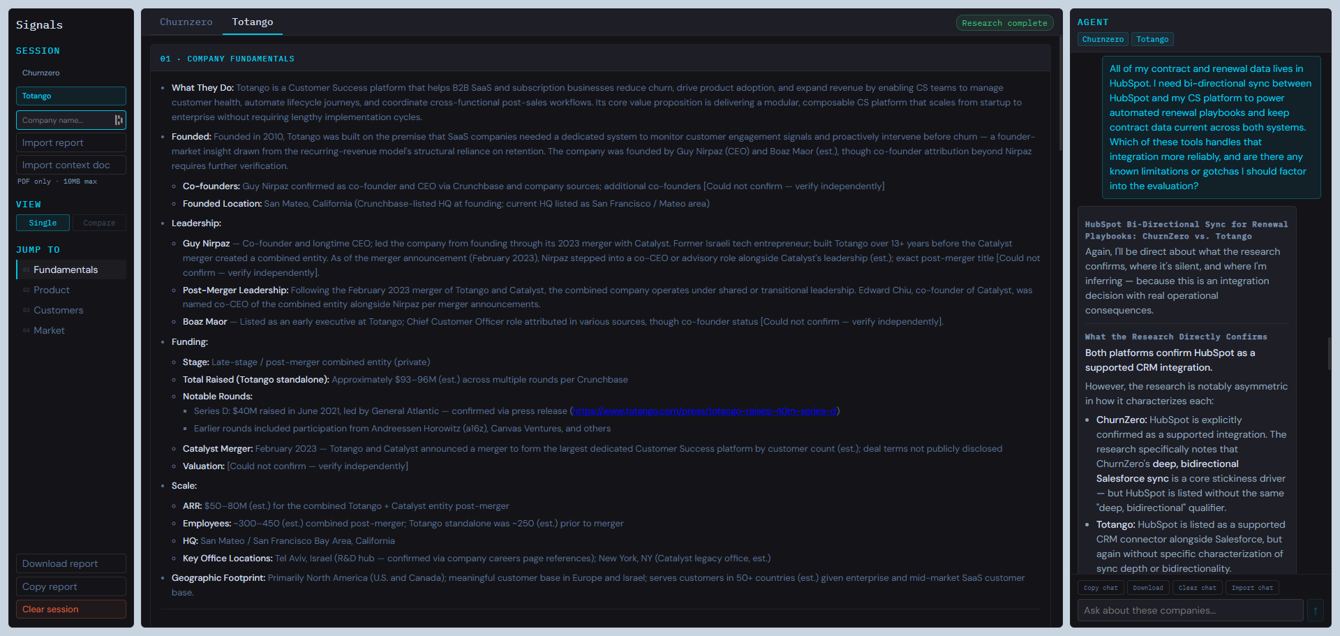 Session view: company input, active chips, and jump navigation
