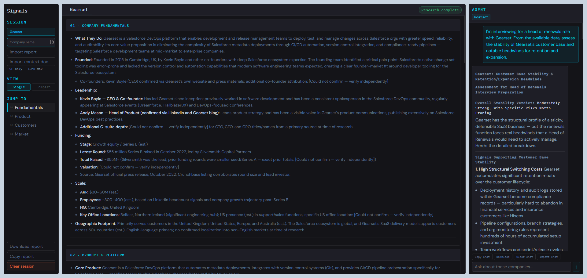 Compare mode: synchronized section rows across two companies