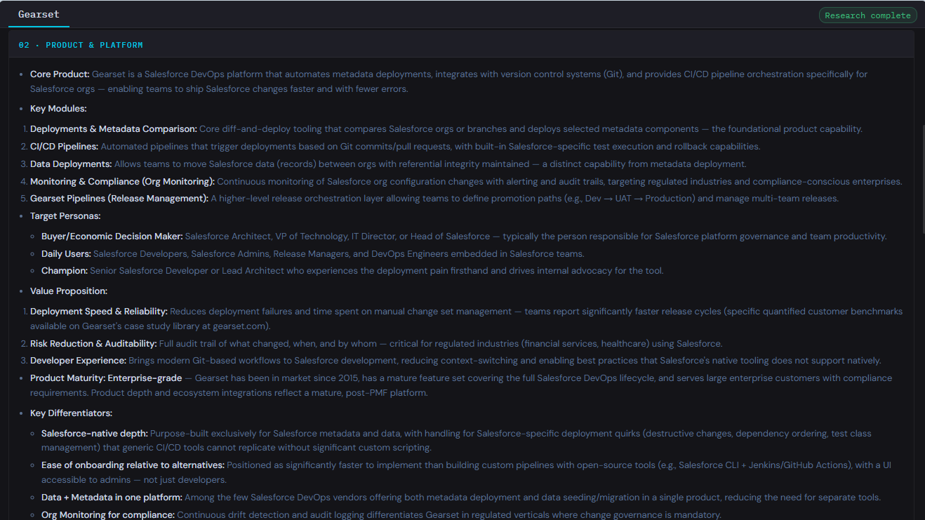 Signals: Company Intelligence research agent interface